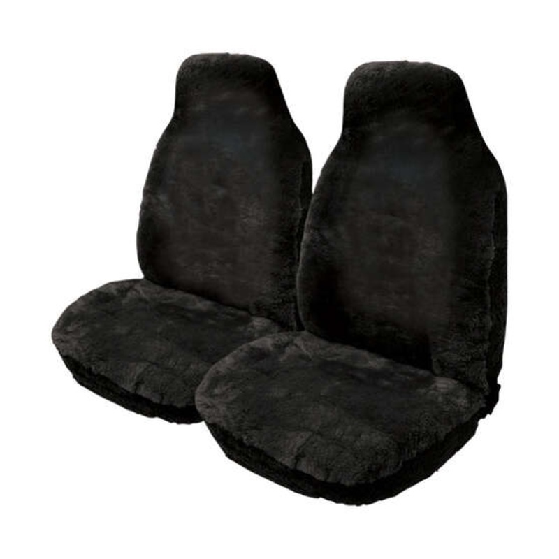 Gold CLOUDLUX Sheepskin Seat Covers – Black Built-in Headrests Size 60 Front Pair Airbag Compatible