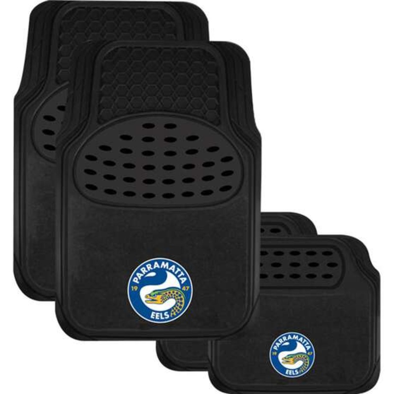 NRL Floor Mats – Eels – Black Combo Rubber/Carpet Set of 4 – CMNRLEELS4