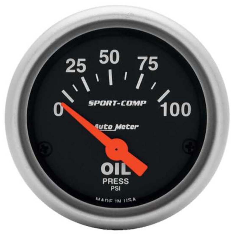 Autometer Sport-Comp Oil Pressure Gauge Electric – 0 – 100 PSI, 2 1/16 Inch, Short Sweep, AU3327