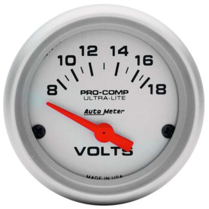 Autometer Ultra Lite Volt Meter Electric – 2 1/16 Inch, Short Sweep, 8 – 18V, AU4391